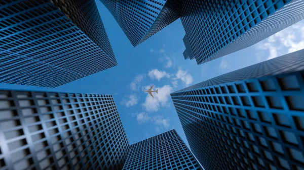 Koncept letecké dopravy. Perspektiva na ocelově modrou barvu skla vysoké budovy mrakodrap město budoucnosti a letadlo. Obchodní a cestovní koncept. 3D vykreslování. 3D ilustrace — Stock fotografie