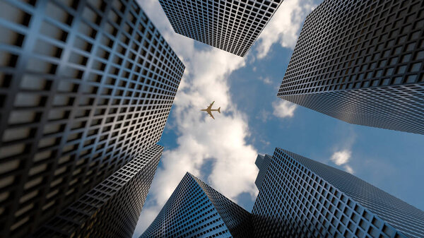 Air transportation concept. Panoramic and perspective wide angle view to steel light blue background of glass high rise building skyscraper commercial modern city of future and airplane. Business and