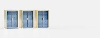 Modern sunucu rafı. Sunucu rafı resmi. Beyaz arka planda izole edilmiş. 3d hazırlayıcı