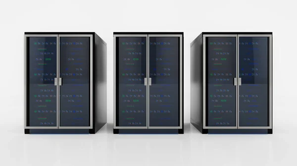 Современная серверная стойка. Стеллаж сервера. Изолированный на белом фоне. 3D рендеринг — стоковое фото
