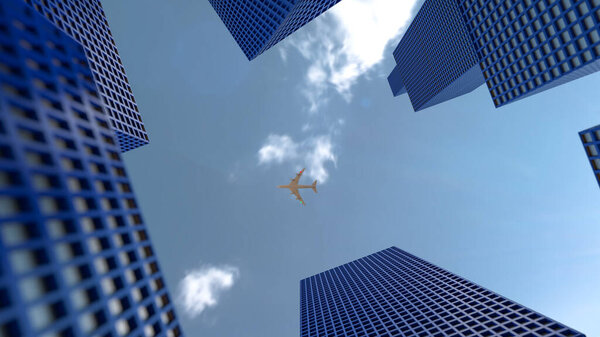 Air transportation concept. Panoramic and perspective wide angle view to steel light blue background of glass high rise building skyscraper commercial modern city of future and airplane. Business and