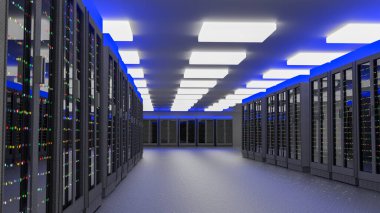 Sunucular. Sunucu odası veri merkezi. Yedek, madencilik, ev sahipliği, ana bilgisayar, çiftlik ve bilgisayar rafı ve depolama bilgileri. 3d hazırlayıcı