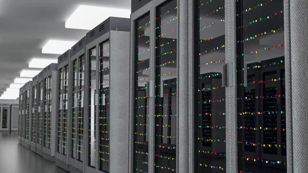 Tjänare. Serverrum datacenter. Säkerhetskopiering, gruvdrift, hosting, stordator, gård och datorställ med lagringsinformation. 3D-återgivning — Stockfoto
