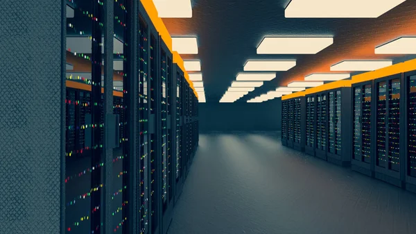 Servers. Servers room data center. Backup, mining, hosting, mainframe, farm and computer rack with storage information. 3d render — Stock Photo, Image