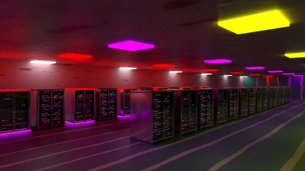 Servery. Servery v datovém centru. Zálohování, těžba, hosting, mainframe, farma a počítačové regály s úložnými informacemi. 3D vykreslení — Stock fotografie