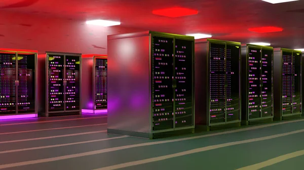 Tjänare. Serverrum datacenter. Säkerhetskopiering, gruvdrift, hosting, stordator, gård och datorställ med lagringsinformation. 3D-återgivning — Stockfoto