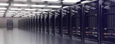 Sunucu. Sunucu odası veri merkezi. Yedek, madencilik, ev sahipliği, ana bilgisayar, çiftlik ve bilgisayar rafı ve depolama bilgileri. 3d hazırlayıcı