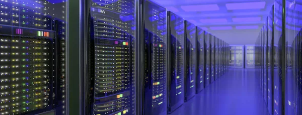 Server. Datové centrum serverovny. Zálohování, těžba, hosting, mainframe, farma a počítačové regály s úložnými informacemi. 3D vykreslení — Stock fotografie