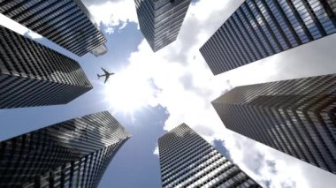 Geleceğin ve uçağın gökdelen şehri. İş ve seyahat konsepti endüstriyel teknoloji mimarisi. 3d oluşturma