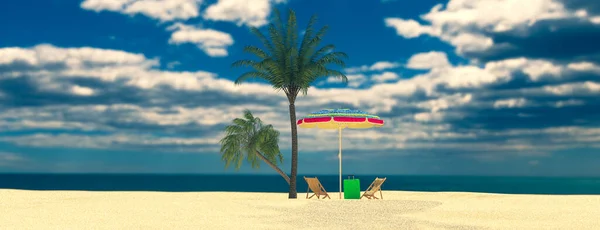 Travel. Recreation concept with palm trees, deck chair and suitcase. 3d rendering — ストック写真