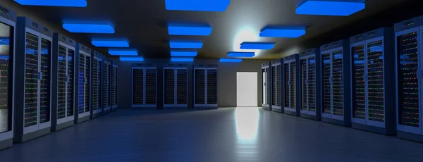 Servidores. Centro de datos de la sala de servidores. Copia de seguridad, minería, alojamiento, mainframe, granja y rack de computadoras con información de almacenamiento. 3d renderizar —  Fotos de Stock