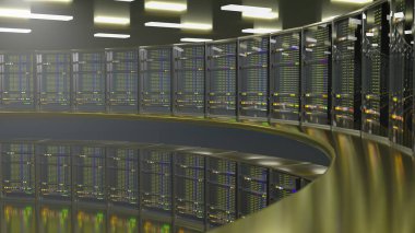 Sunucular. Sunucu odası veri merkezi. Yedek, madencilik, ev sahipliği, ana bilgisayar, çiftlik ve bilgisayar rafı ve depolama bilgileri. 3d oluşturma