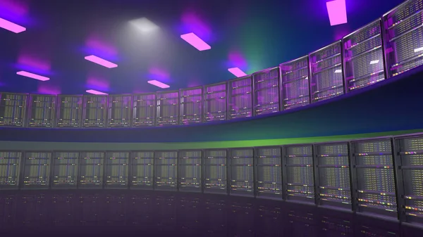 Servidores. Centro de datos de la sala de servidores. Copia de seguridad, minería, alojamiento, mainframe, granja y rack de computadoras con información de almacenamiento. renderizado 3d —  Fotos de Stock