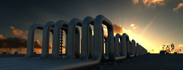 Stål långa rör i råoljefabriken under solnedgången. 3D-illustration — Stockfoto