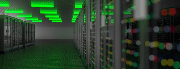 Tjänare. Serverrum datacenter. Säkerhetskopiering, gruvdrift, hosting, stordator, gård och datorställ med lagringsinformation. 3d-konvertering — Stockfoto