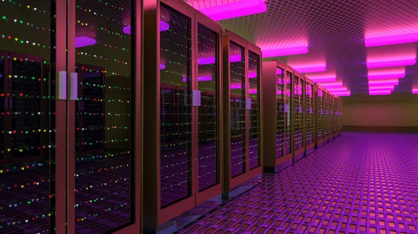 Sunucular. Sunucu odası veri merkezi. Yedek, madencilik, ev sahipliği, ana bilgisayar, çiftlik ve bilgisayar rafı ve depolama bilgileri. 3d oluşturma
