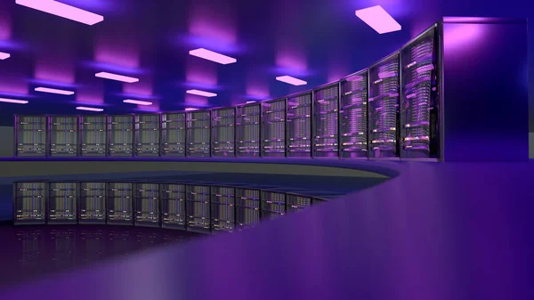 Σερβιτόροι. Servers δωμάτιο data center. Δημιουργία αντιγράφων ασφαλείας, εξόρυξη, φιλοξενία, mainframe, αγρόκτημα και ράφι υπολογιστών με πληροφορίες αποθήκευσης. 3d απόδοση — Φωτογραφία Αρχείου