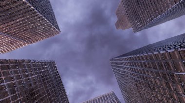 Bulutlu mavi gökyüzü arka planlı cam binalar. Endüstri teknolojisi konsepti. 3D görüntüleme. 3d illüstrasyon