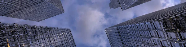 曇り空の背景を持つガラスの建物。業界技術アーキテクチャのビジネスコンセプト。3Dレンダリング。3Dイラスト — ストック写真