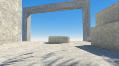 Ürün sunumu için minimum kozmetik arka plan. Geometrik alçı arka planda güneş gölgesi. Paketleme sunumu ve kozmetik için podyum. 3D görüntüleme. 3d illüstrasyon.