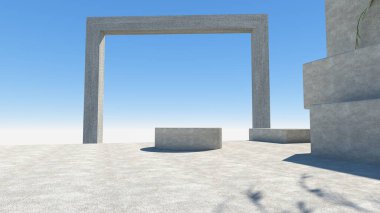 Ürün sunumu için minimum kozmetik arka plan. Geometrik alçı arka planda güneş gölgesi. Paketleme sunumu ve kozmetik için podyum. 3D görüntüleme. 3d illüstrasyon.