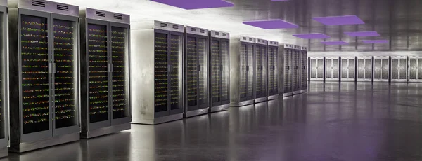 Servery. Servery v datovém centru. Zálohování, těžba, hosting, mainframe, farma a počítačové regály s úložnými informacemi. 3D vykreslování — Stock fotografie
