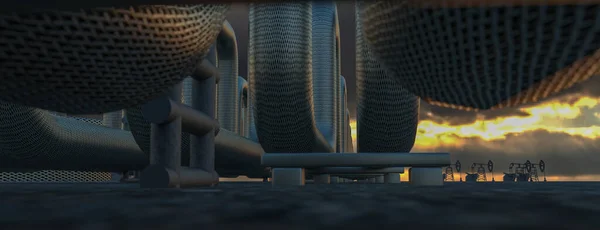 Die Silhouette von Ölpumpen in einem großen Ölfeld bei Sonnenaufgang. Lange Stahlrohre in einer Rohölfabrik. 3D-Darstellung — Stockfoto