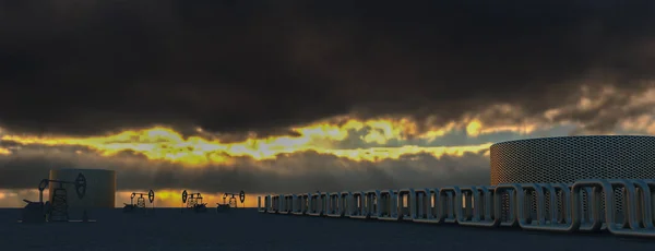 Silhuetten av oljepumpar i ett stort oljefält vid soluppgången. Stålrör i råoljefabrik. 3d-konvertering — Stockfoto
