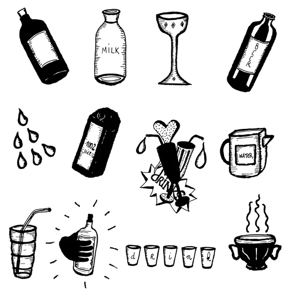 Doodle Bottles, minuman dan kacamata - Stok Vektor