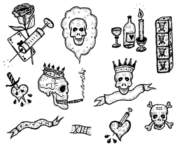 Doodle lebky, smrt, závislosti a tetování prvky Stock Ilustrace