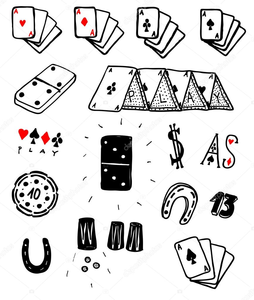 Hand Drawn Gambling Cards And Luck Set