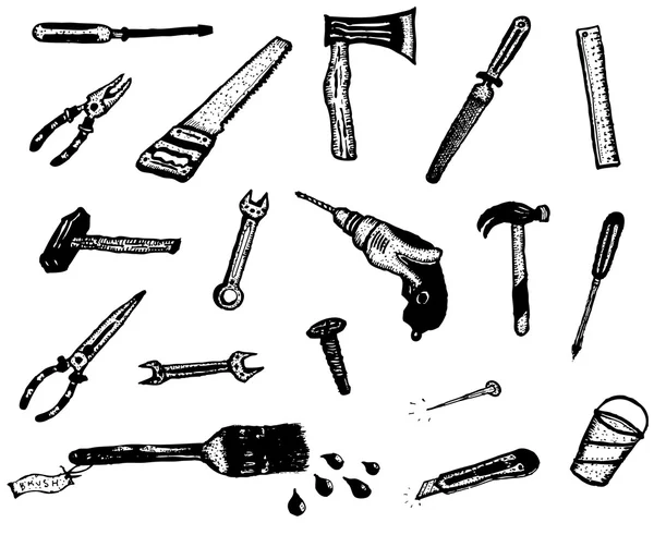 Doodle hand arbete redskap utrustning ikoner — Stock vektor