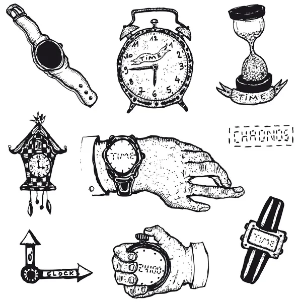 Doodled time, watch and Clock Set — Stock Vector