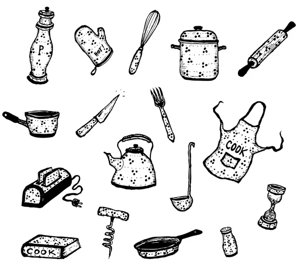 Μαγειρικά σκεύη και μάγειρας σύνολο σκεύοι — Διανυσματικό Αρχείο