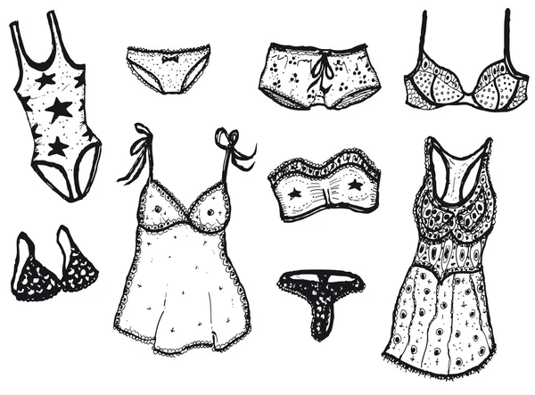 Hand Drawn Set Of Girl And Women Lingerie — Stock Vector