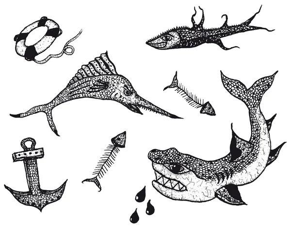 Fishes And Sailors Tattoo Icons Set — Stock Vector