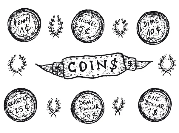 Doodle Set Of US Coins — Stock Vector