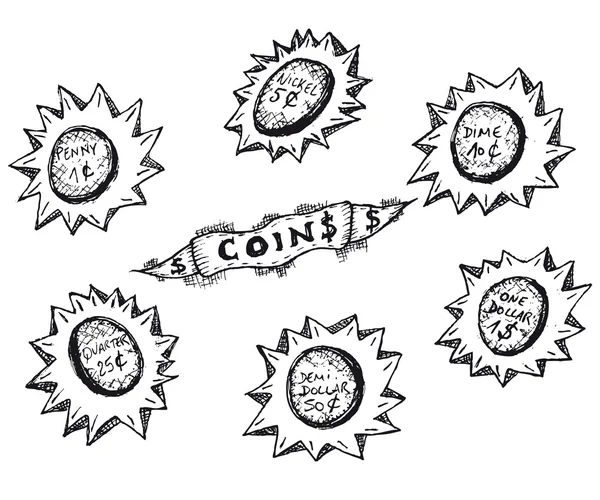 Handgezeichneter Satz von uns Münzen — Stockvektor