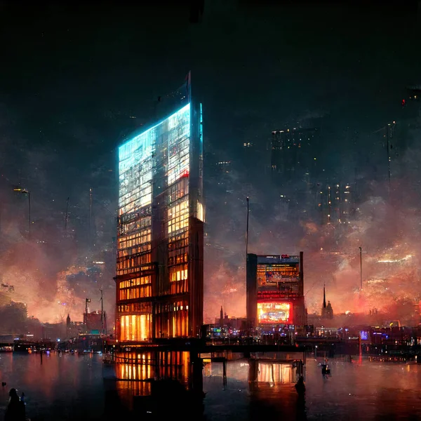 metaverse buildings, reflections, octane render, big city with a lot of lights, realistic render. High quality 3d illustration