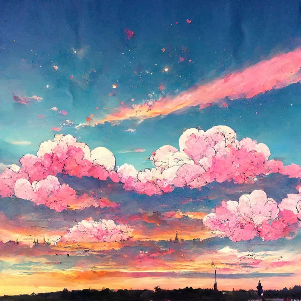 anime style Sunset sky, Cartoon summer sunrise with pink clouds and sunshine, evening cloudy heaven panorama