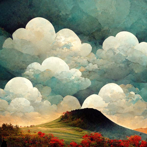 Dramatic Clouds Pattern on a Hill Anime Background Illustration Landscape. High quality illustration