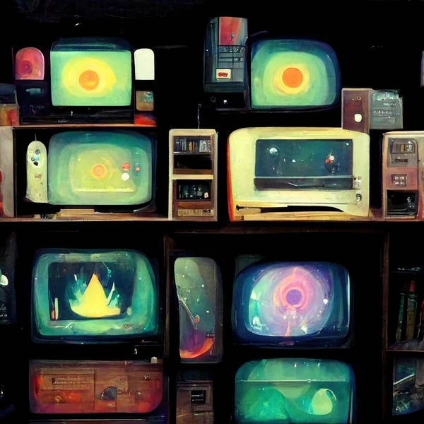 video artist wizard with old TVs. High quality illustration