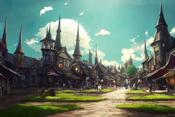 Street view of a wizards academy, in a fantasy city. High quality illustration