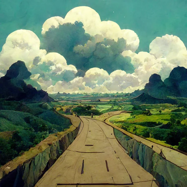 landscape with hills and road, sky and clouds. Anime cartoon style. High quality illustration
