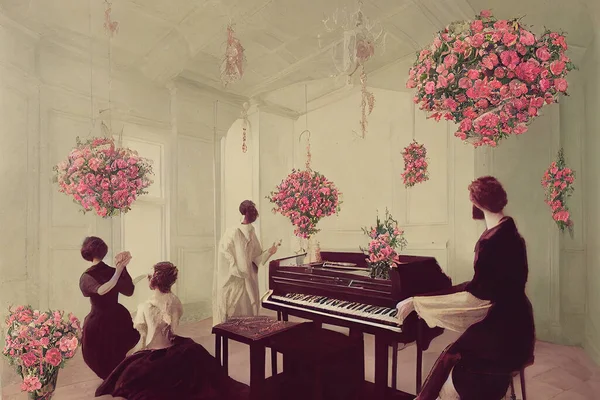 theosophical piano, four people, flower ceiling, vintage style. High quality illustration