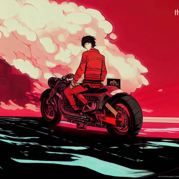80s anime character in anime style red motorcycle. High quality 3d illustration