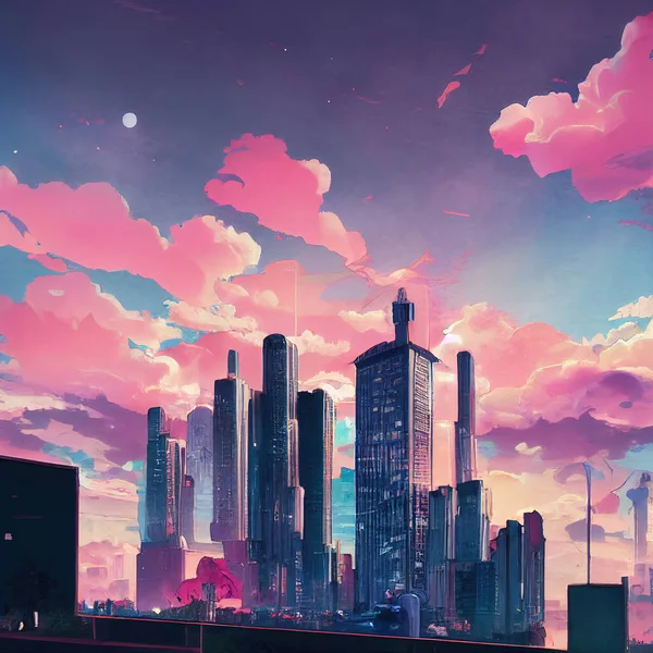 anime style city with pink clouds. High quality 3d illustration
