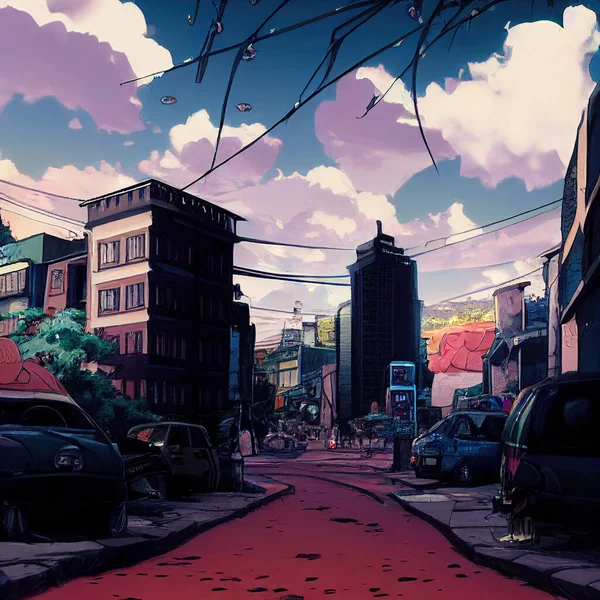 anime style city street with a lot of cars. High quality 3d illustration