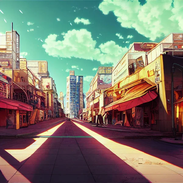 anime style city street with a lot of shops. High quality 3d illustration