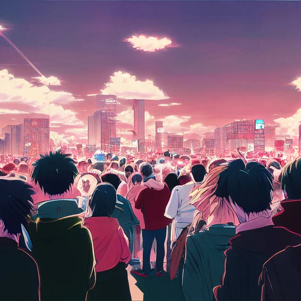 crowds in pink city anime style. High quality 3d illustration